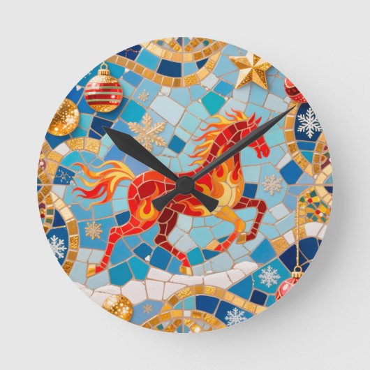 New Year 2026 Red Fiery Horse Christmas Pattern ラウンド壁時計 (正面)