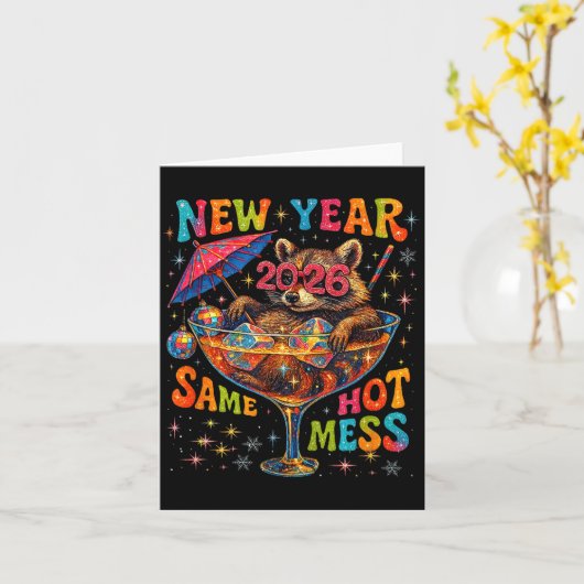 New Year 2026 Same Hot Mess Funny Raccoon Gift  カード (黄色い花)