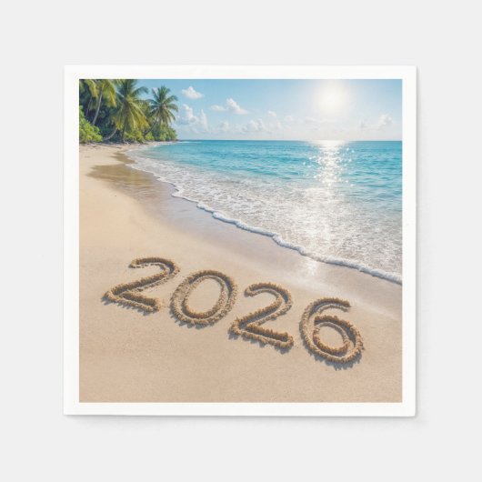 New Year 2026 Text On a Tropical Beach スタンダードカクテルナプキン (正面)