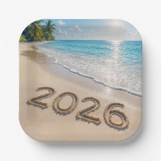 New Year 2026 Text On a Tropical Beach ペーパープレート (正面)