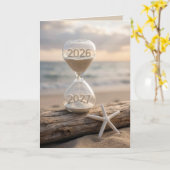 New Year 2027 Beach Hourglass カード (黄色い花)