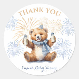 New Year Blue Bear Boy Baby Shower Sticker ラウンドシール