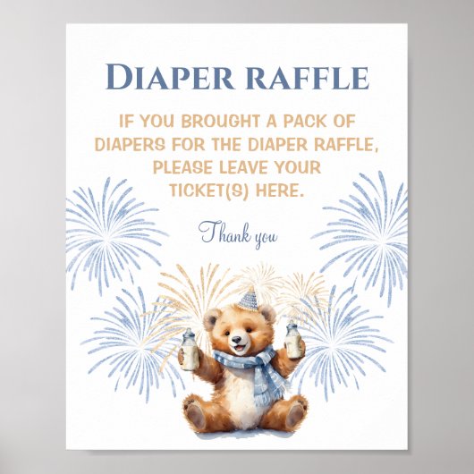 New Year Boy Bear Baby Shower Diaper Raffle Sign ポスター (正面)