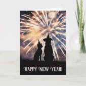 New Year Cat Dog Party Hats Fireworks Wishes  カード (正面)