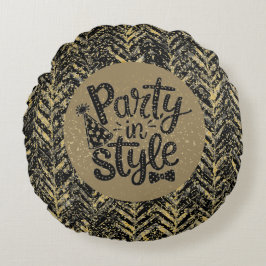 New Year Celebrate,Party in Style,Black Gold  Art ラウンドクッション