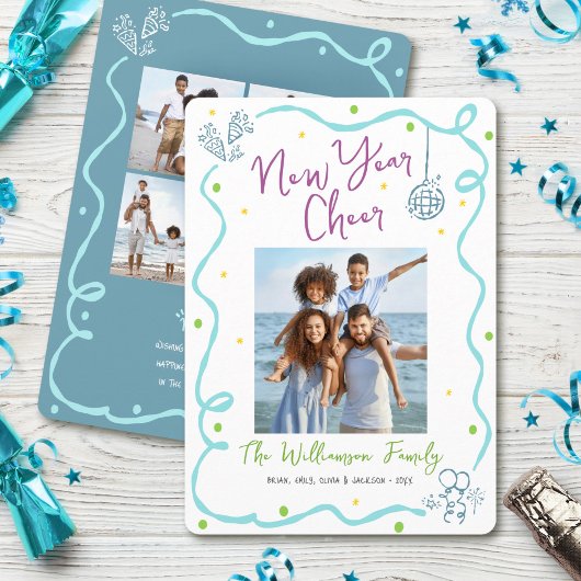 New Year Cheer 5 Photo Turquoise Hand Drawn Sketch シーズンカード