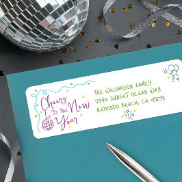 New Year Cheer Teal Purple Green Doodles Address ラベル