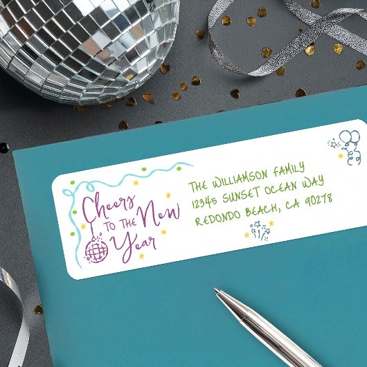 New Year Cheer Teal Purple Green Doodles Address ラベル