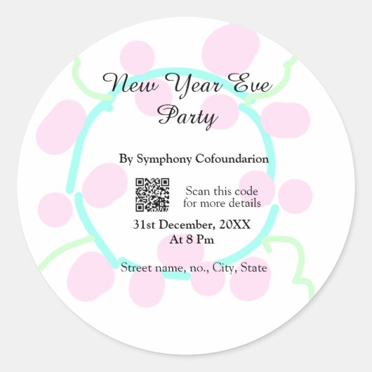 New year eve party scan QR RSVP name pink blue  ラウンドシール (正面)