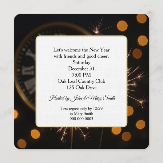 New Year Eve Sparklers On a Midnight Clock 招待状 (正面)