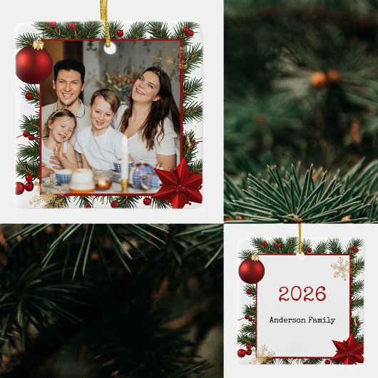 New year Frame with Red Star  Photo Family 2026 セラミックオーナメント