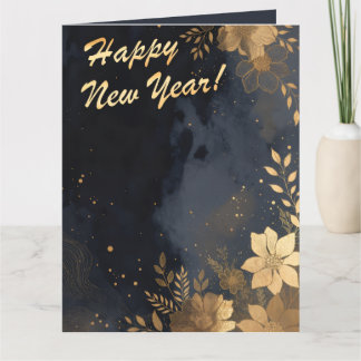 New Year Golden Flowers In Blue Strokes カード