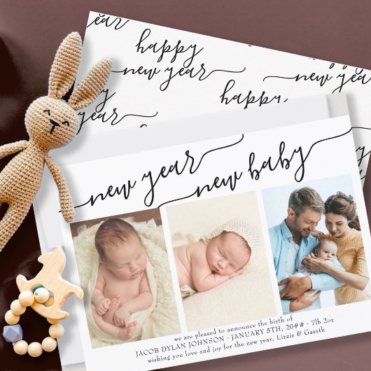 New Year New Baby 3 Photo Birth Announcement シーズンカード