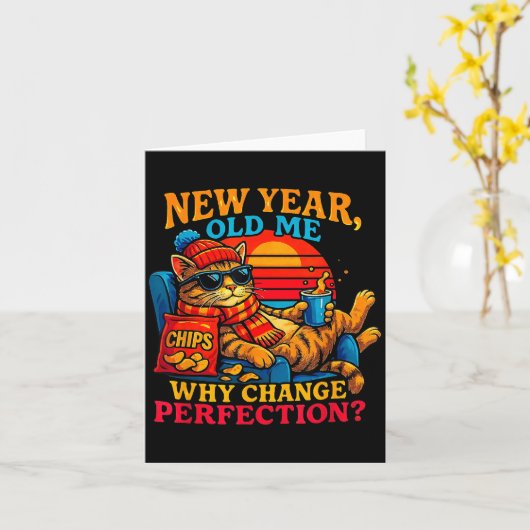 New Year Old Me Funny Cat Retro Lazy Meme Gift  カード (黄色い花)