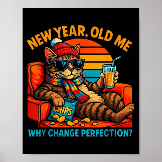 New Year Old Me Funny Cat Retro Lazy Meme Gift  ポスター (正面)