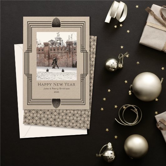 New Year Photo Deco Kraft Black Holiday Card シーズンカード