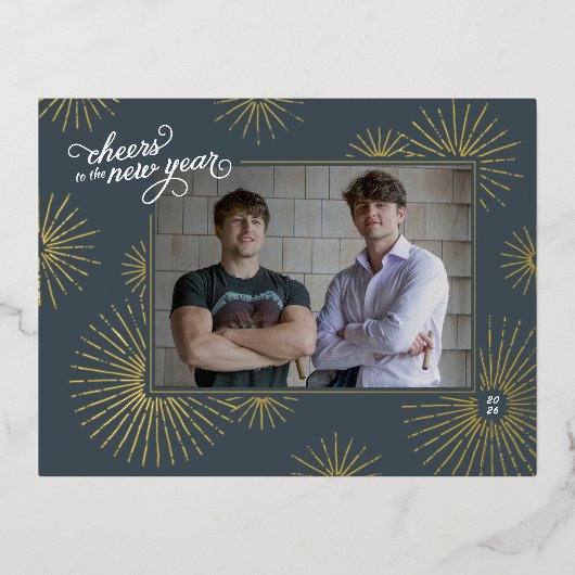 New Year Photo & Fireworks Holiday Foil Postcard 箔シーズンポストカード (正面)