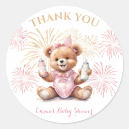 New Year Pink Bear Girl Baby Shower Sticker ラウンドシール