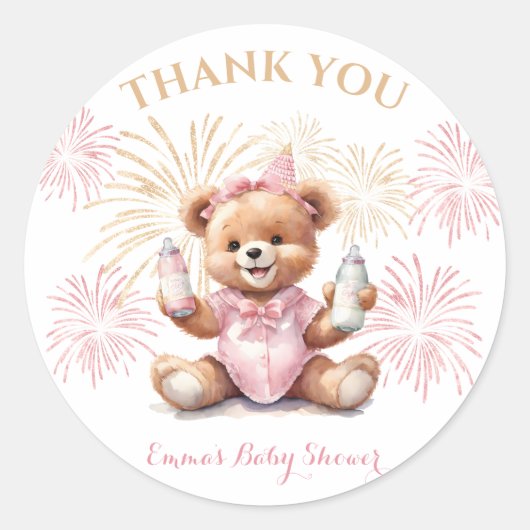 New Year Pink Bear Girl Baby Shower Sticker ラウンドシール (正面)