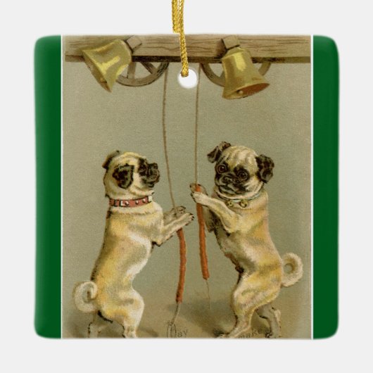 New Year Pugs Ringing Bells Ornament セラミックオーナメント (正面)