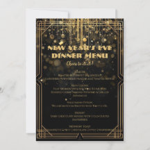 New Year’s Eve Menu | Elegant Black & Gold Glitter
