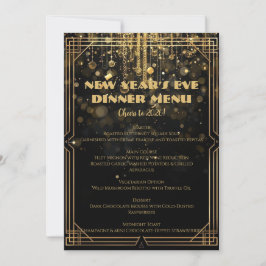 New Year’s Eve Menu | Elegant Black & Gold Glitter 招待状