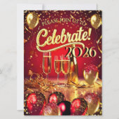 New Year’s Eve Party Red Gold Champagne Streamers 招待状 (正面)