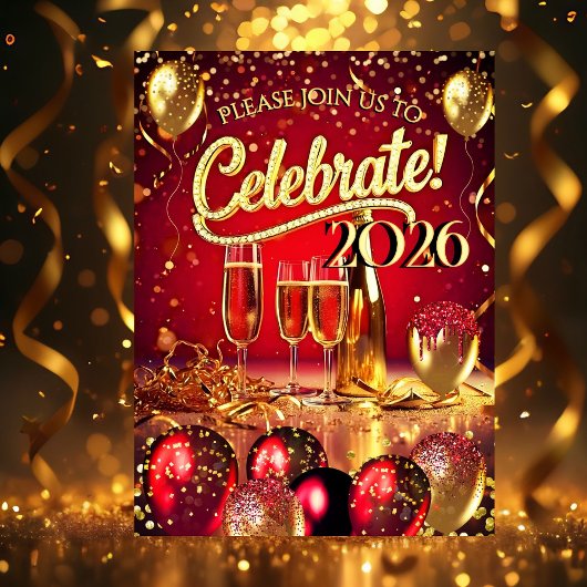 New Year’s Eve Party Red Gold Champagne Streamers 招待状