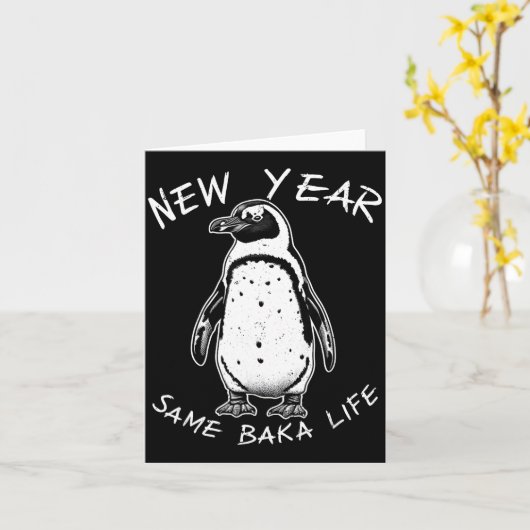 New Year Same Baka Life Funny Penguin Meme  カード (黄色い花)