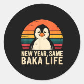 New Year Same Baka Life Penguin Joke ラウンドシール (正面)
