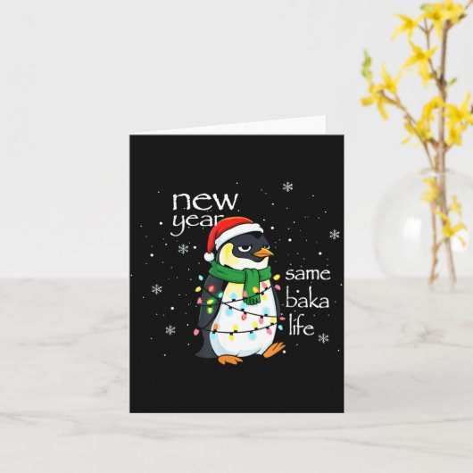 New Year Same Baka Life Penguin New Year Sarcastic カード (黄色い花)