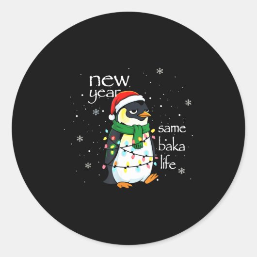 New Year Same Baka Life Penguin New Year Sarcastic ラウンドシール (正面)