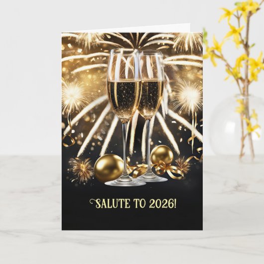 New Years Cheers Salute 2026 Champagne Fireworks  カード (黄色い花)