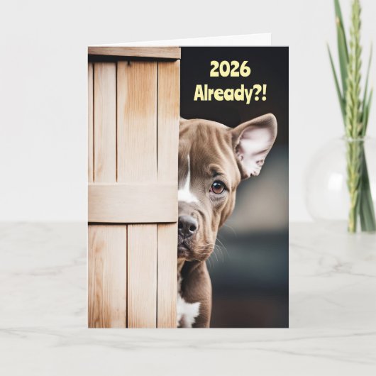 New Years Cute Funny 2026 Pitbull Puppy Door カード (正面)