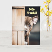 New Years Cute Funny 2026 Pitbull Puppy Door カード (黄色い花)