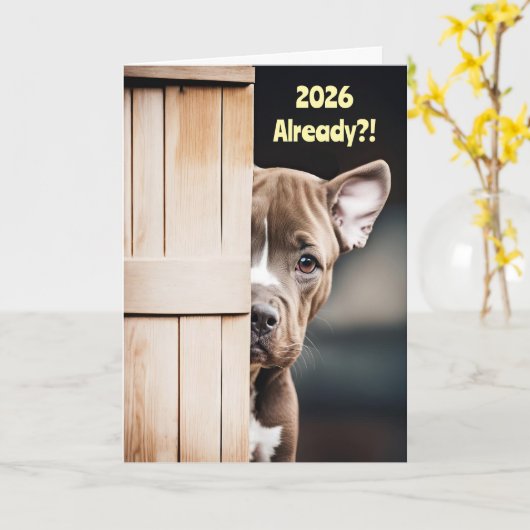 New Years Cute Funny 2026 Pitbull Puppy Door カード (黄色い花)