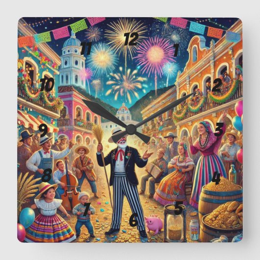 New Year's Eve Celebration El Año Viejo スクエア壁時計 (正面)