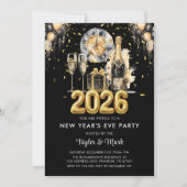 New Year's Eve Party Balck Gold Glitter Champagne 招待状 (正面)