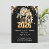 New Year's Eve Party Balck Gold Glitter Champagne 招待状 (スタンド正面)