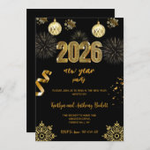 New Year's Eve Party Black & Gold Balloon Confetti 招待状 (正面/裏面)