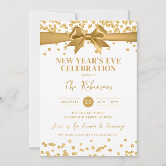 New Years Eve Party Gold Glitter Confetti & Bow 招待状 (正面)