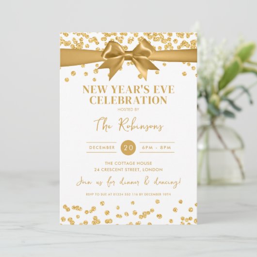 New Years Eve Party Gold Glitter Confetti & Bow 招待状 (スタンド正面)