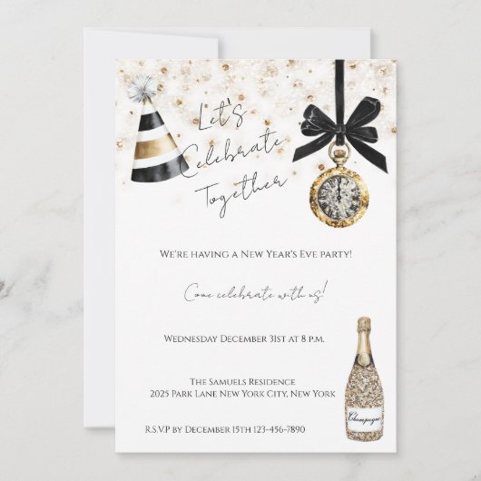 New Year's Eve Party Gold Glitzy Sparkle 招待状 (正面)