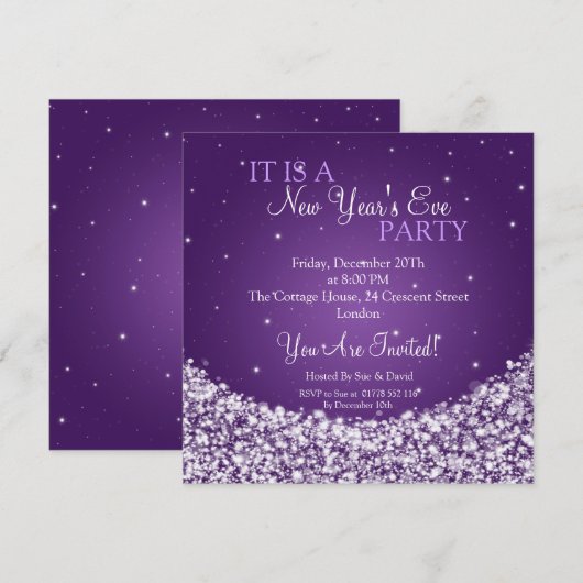 New Years Eve Party Night Sparkle Purple 招待状 (正面/裏面)
