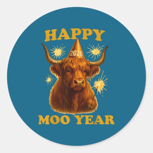 New Years Highland Cow Scottish Nye Party Farm Ani ラウンドシール (正面)