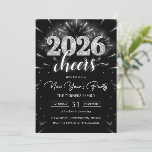 New Year's Party 2026 Silver Modern 招待状 (スタンド正面)