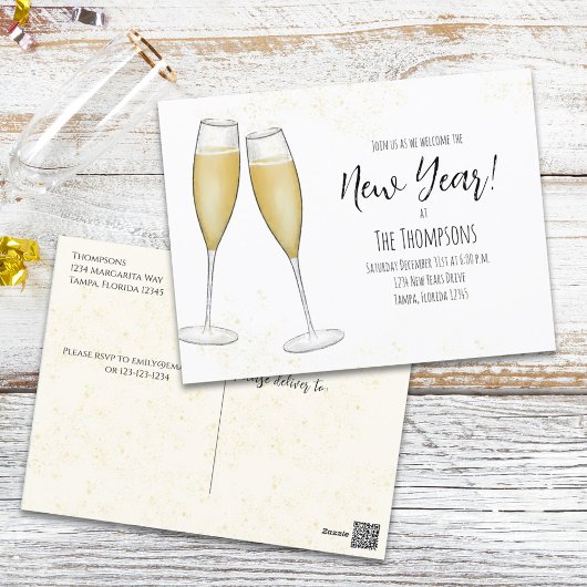 New Years Party Champagne Bubbly Watercolor  ポストカード