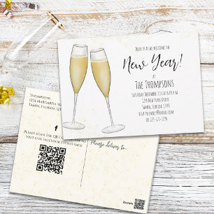 New Years Party Champagne QR Code Social Media ポストカード