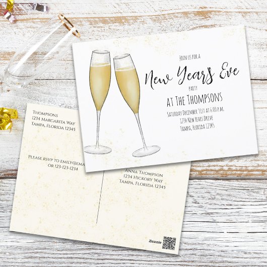 New Years Party Champagne Watercolor Pre Addressed ポストカード