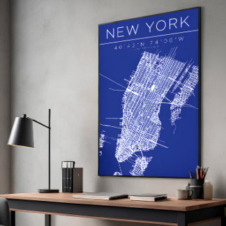 New York Blueprint Map Poster Coordinates Wall Art フォトプリント